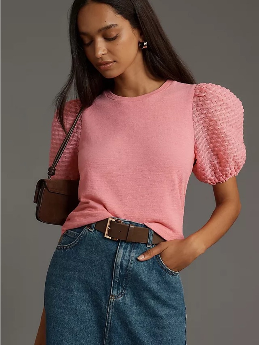 Maeve Anthropologie Pink Swiss Dot Puff Sleeve Knit Top M Bubblegum Pink